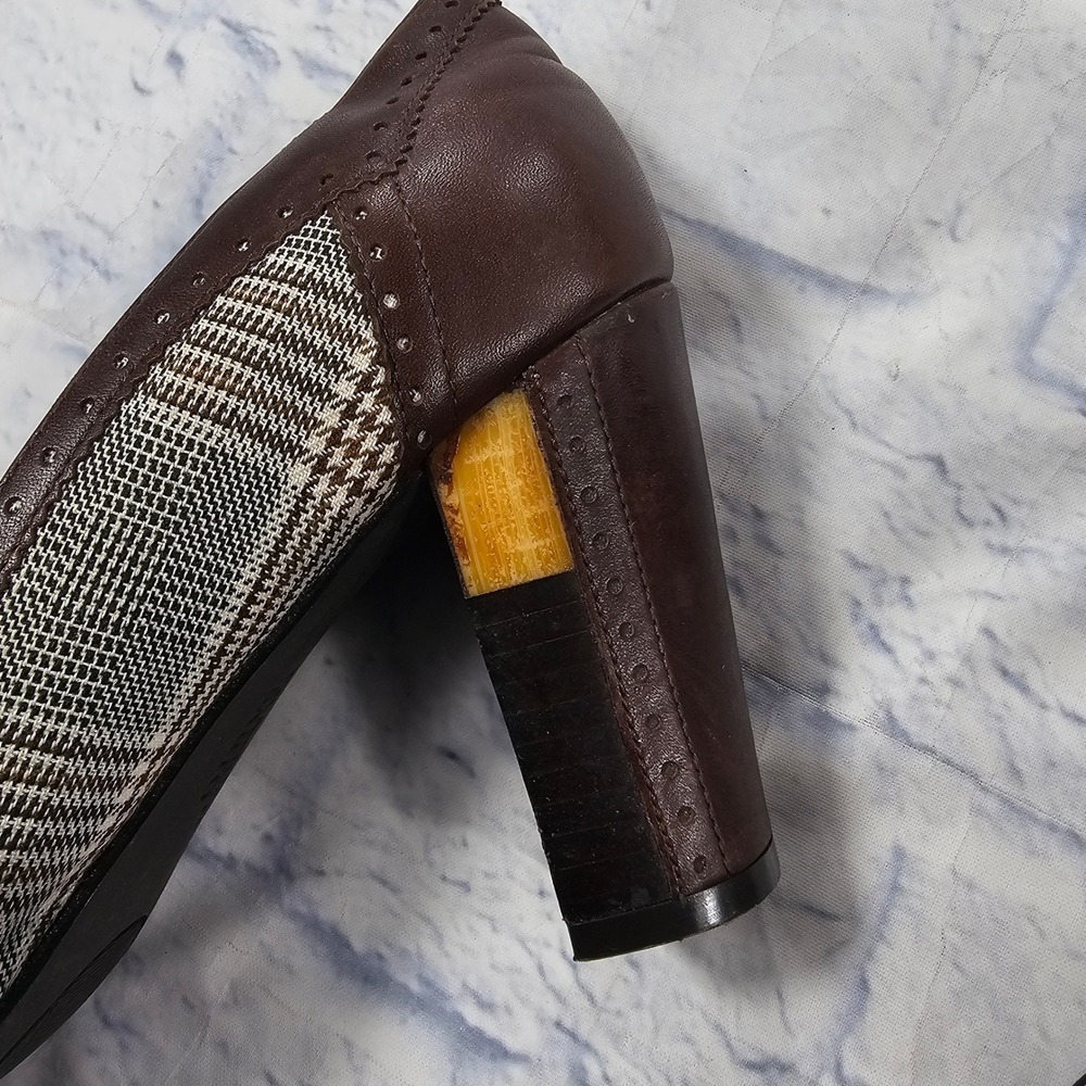 Franco Sarto Halley Heels Women 9 Brown Plaid Wingtip Block Pump Bow Academia - Picture 6 of 14
